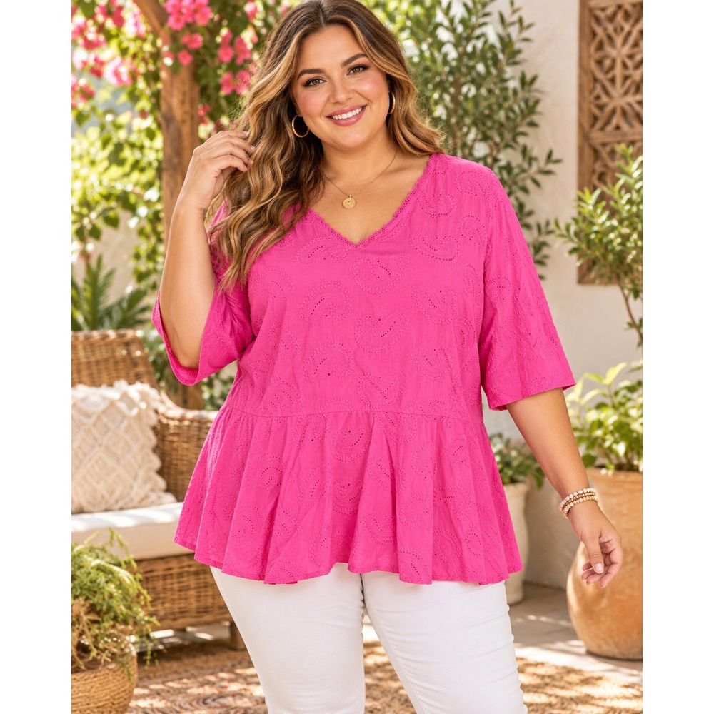 595. Isaac Mizrahi Boho Feminine Pink Eyelet Peplum Top V-Neck Elbow Sleeve 1X